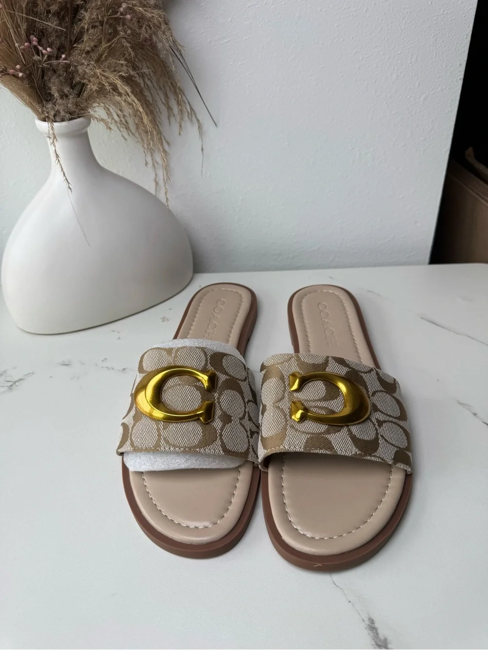 Coach Beige Signature Canvas Slide Sandals with Gold 'C' Accent